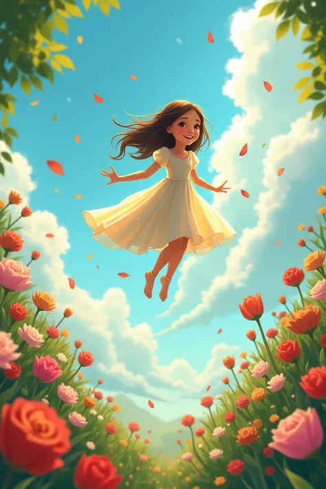 A girl flying in the sky and there are many flowers in the garden 