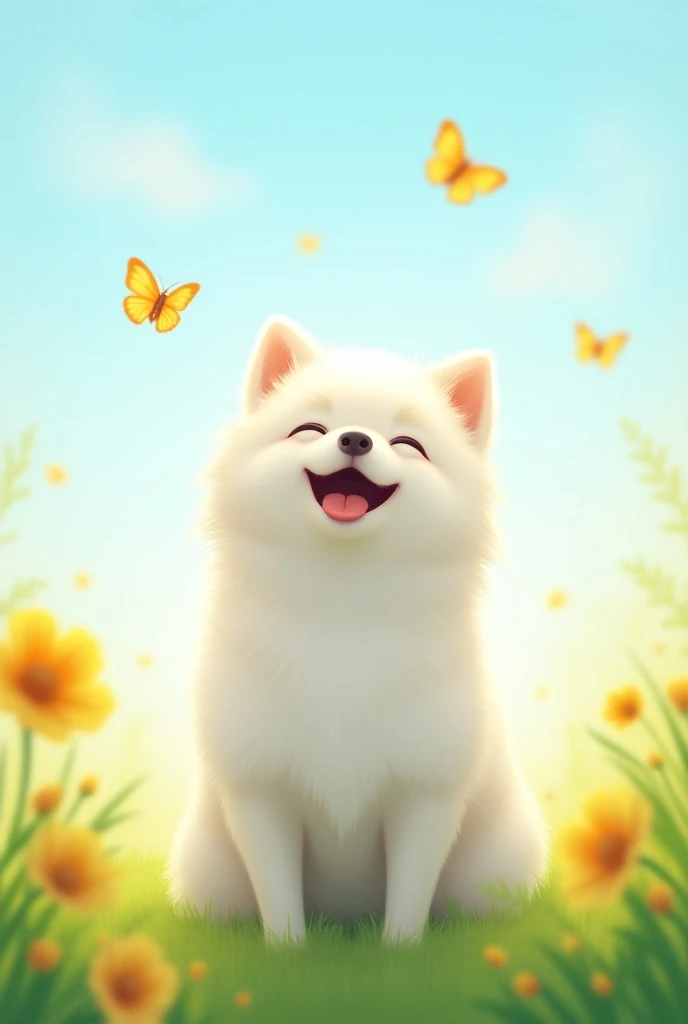 Best Quality, High Quality, reality, About the dog An adult Japanese Spitz dog , The corners of the mouth are raised and they look smiling ,Pure white coat color , Fluffy and soft coat ,Tilt your head, Butterflies flying overhead , The dogs gaze is on the ...