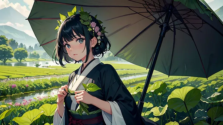 Hold a large butterbur leaf over your head and turn it into an umbrella, masterpiece, Best Quality,  Extremely detailed,  girl,  black haired,    dark rainy day, Japanese countryside ,