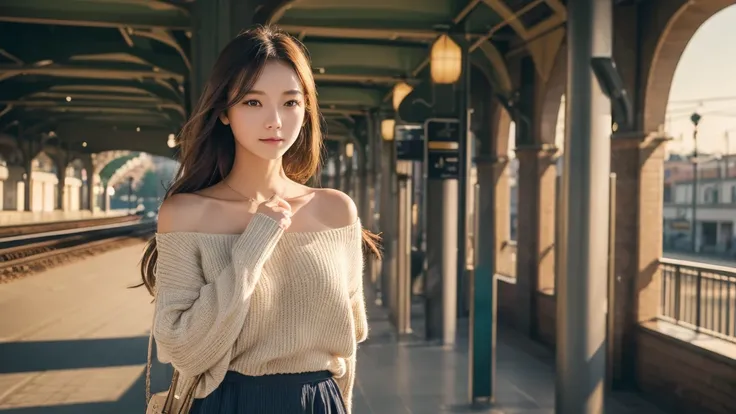 8k, RAW photo, best quality, masterpiece:1.2), (realistic, photo-realistic:1.4), (extremely detailed 8k wallpaper),A breathtakingly beautiful young woman standing on a train station platform, with an enchanting yet approachable presence. She has flawless, ...