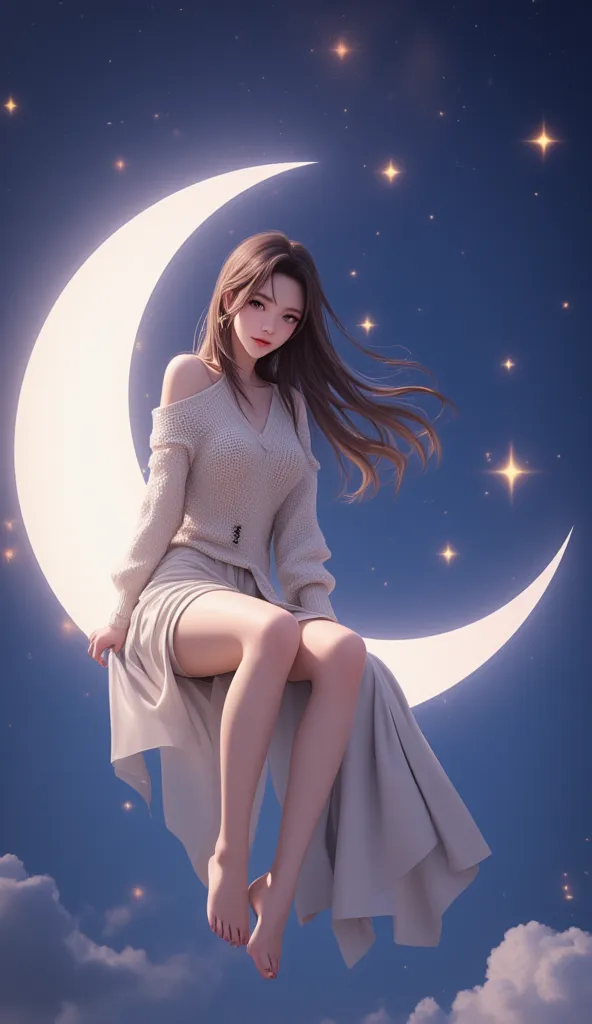 beautiful woman sitting on a crescent moon, girly loose sweater and long skirt, various effects