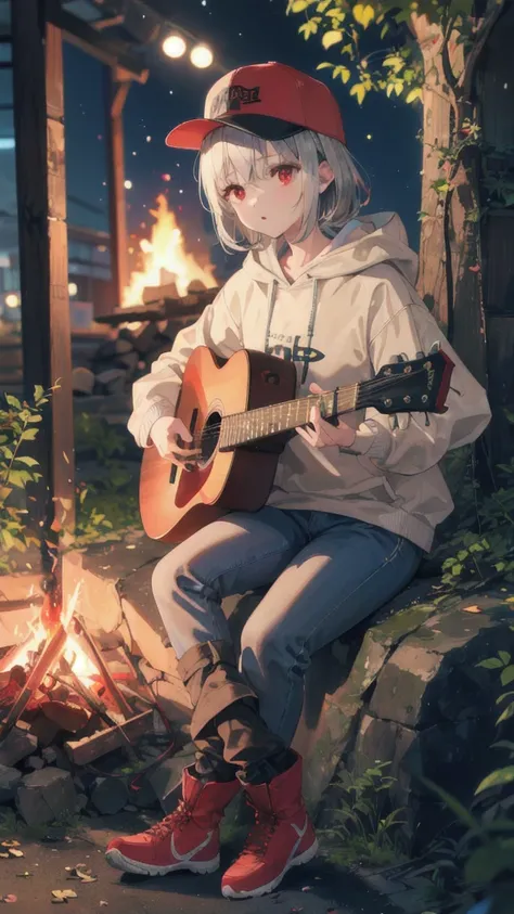  Woman playing guitar by the campfire in the middle of the night(black baseball cap, Silver hair, Red eye, Mint hoodie ,  Beige pants , Hiking boots)