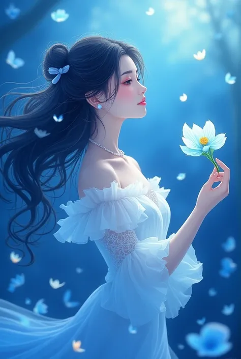 (masterpiece, Excellent quality , mirror-like , A cinematic experience , very detailed ),8K,wallpaper,( illustration of blue morning glory and a woman，Illustration showing ephemeral beauty :2.0),( blue theme :2.0),(Vector Art:2.0)