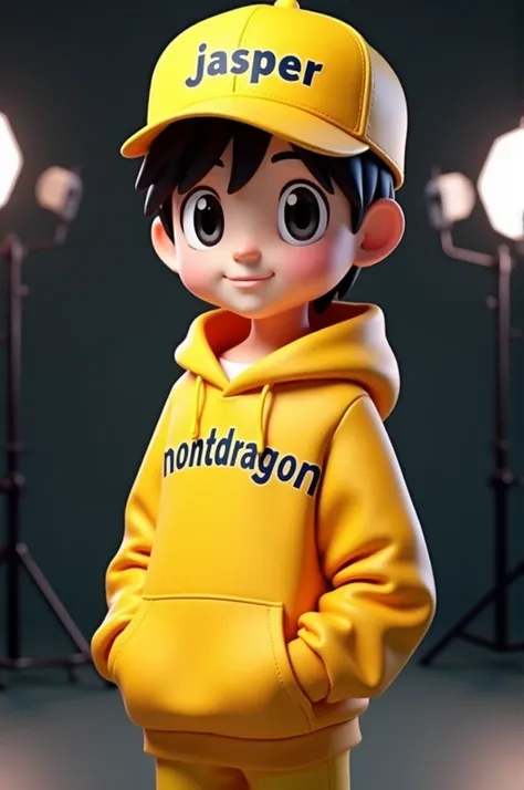 This is a 3D rendering of a stylized male anime character. he has large eyes, black hair, and is wearing a yellow sweatshirt with "Mondragon" written on it and a yellow baseball cap with "Jasper" on it. The background is a dark studio setting with professi...