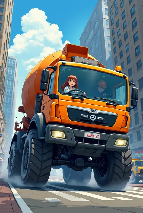 Cement truck anime  drving woman 