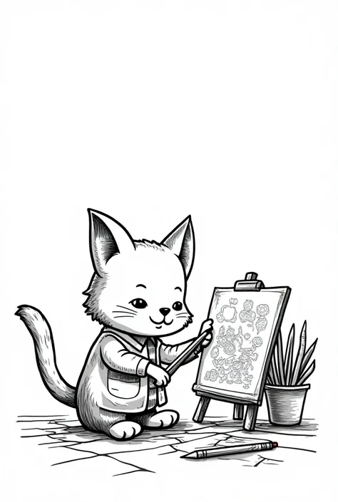 a cat working in the street, coloring book, black and white, black lines, withe background