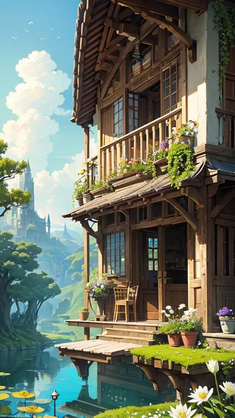 (micro landscape:1.5),(best quality), ((masterpiece)), (high resolution), illustration, The original, Very detailed wallpaper, No human, window, landscape, plant, water, potted plant, outDoors, architecture, Door, house, flower pot, sky, lily pad, Chair, f...