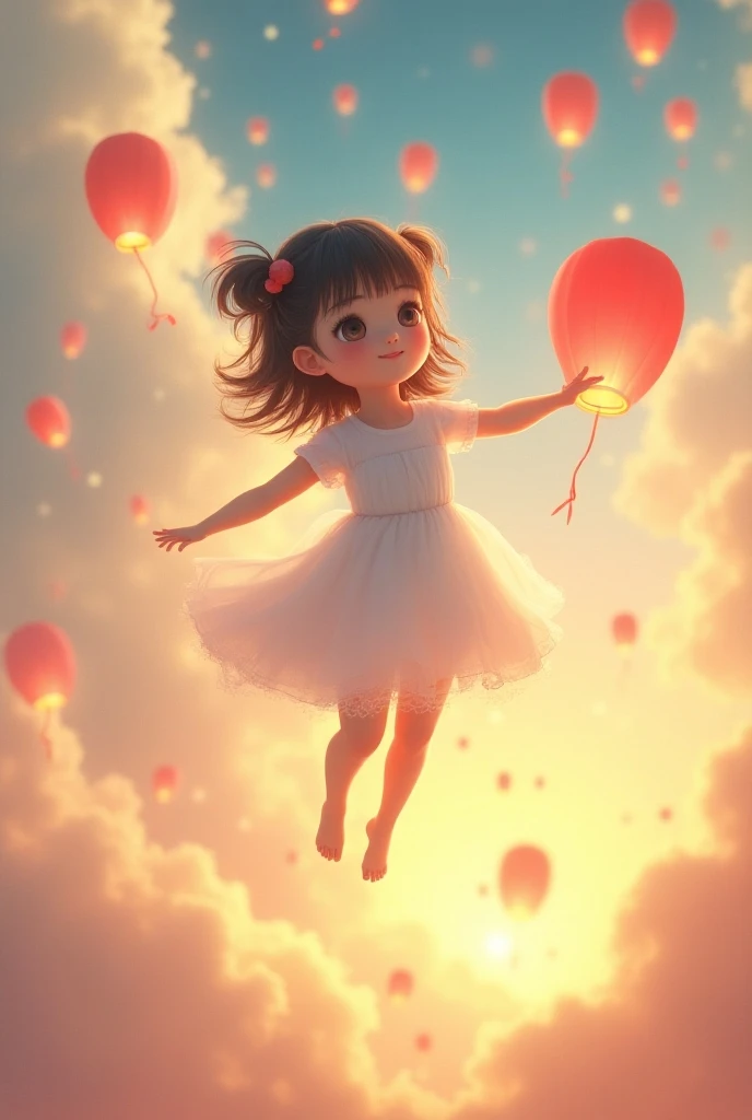  Realistic scene of a girl floating in the sky and colorful lanterns,  Symbolizing wishes and dreams , Soft clouds in the background ,  Warm sunset lights , Mysterious atmosphere,  Capturing a sense of wonder and hope ,  Detailed expressions on the girls f...