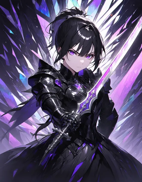 ((masterpiece)、(absurdres)、(ultra detailed)、,Anatomically correct,solo lady,shiny black hair,shiny purple eyes,short highponytail,(1white ribbon;1.1),(D size bust:0.9),(Gothic dress:1.1),(Silver Armor:1.1),grabs white shining sword:1.1,serious,closed mouth...