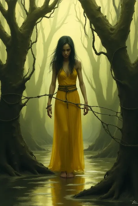 Une femme pâle dans une robe jaune, attachée par du fil barbelé, marchant dans une forêt marécageuse. Peinture aquarelle, fantastique sombre. Palette de couleurs atténuées et désaturées. éclairage doux avec une source de lumière ambiante jaune-or subtile ;...