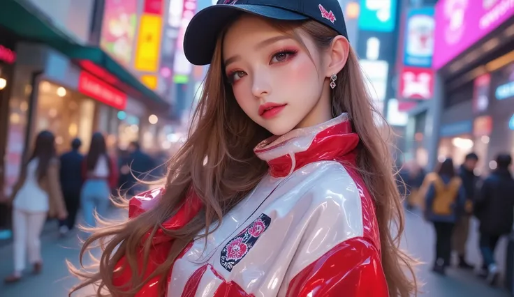 (masterpiece, Best picture quality, 8k), Idol appearance, adult,  perfection of fashion,  Korean makeup, Lip Tint, whole body, frontal, A faint smile, Busy City Streets,  Finely drawn , Realistic, Outdoor,  ultra high definition, 3D image,  ultra high defi...