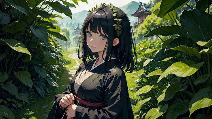 On a dark rainy day no, {{Hold a large butterbur leaf above your head}}, masterpiece, Best Quality,  Extremely detailed,  girl,  black haired,   Japanese countryside ,　flat chest,