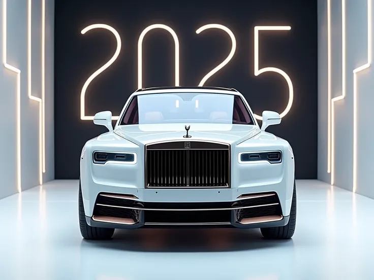 A captivating image of a 2025 All New 2025 Rolls-Royce Phantom  taking center stage in a luxurious white showroom. The futuristic, vibrant wite exterior gleams, showcasing its sleek, aerodynamic design and bold accents. The words "" are prominently display...