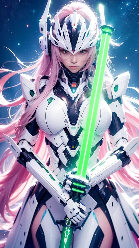 Mecha_Musume,  1 girl, length_hair, science_ fiction, arms, Lightsaber, holding_sword, green_eye, Alone,  Headdress, holding_arms, Mecha,  Bust, pink and white coloring,  Naked Middle-Aged Japanese Man , Sad gaze,  upper body, Mermaid Line,