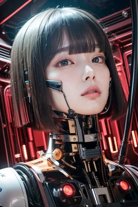 masterpiece, best quality, extremely detailed,portrait,upper body,front view,Japaese android girl,Plump, control panels,android,Droid,Mechanical Hand, Robot arms and legs,Blunt bangs,long tube,thick cable connected her neck,