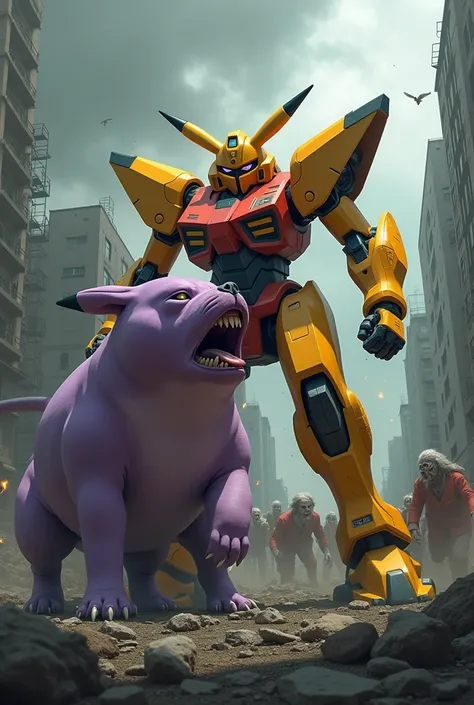  Pikachu-colored Evangelion blows away zombies 。 a big, fat bulldog type fat zombie with a purple body is salivating and trying to bite。The background is a group of buildings, but 、 has been destroyed to rubble, and 、The sky is covered with black fog 、 and...