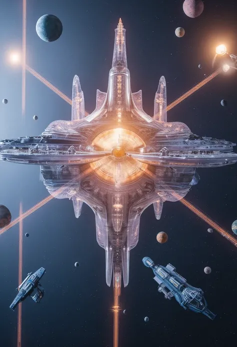 " A representation Detailed description of a futuristic Galactic Federation in outer space.  Show a vast network of advanced space stations ,  starships and planets connected by bright space highways .  The headquarters of the Federation must be a huge and...