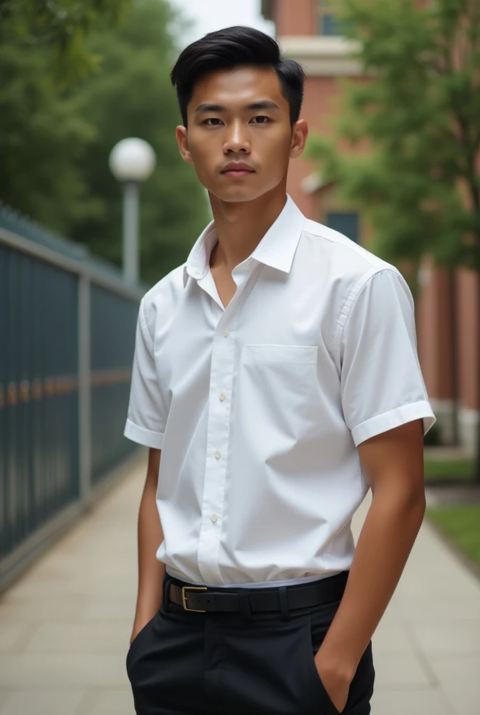 A Thai student, a good-looking, tall handsome man wearing a white school shirt, black student shorts, stands in several schools.