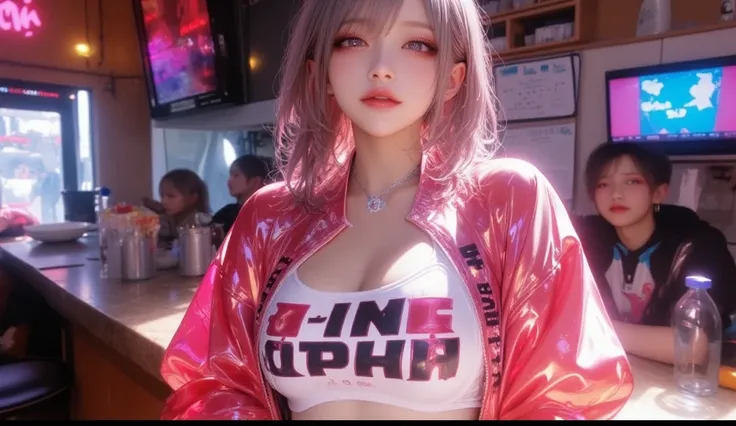 (masterpiece, Best picture quality, 8k), Idol appearance, adult,  perfection of fashion,  Korean makeup, Lip Tint, whole body, frontal, A faint smile,A cafe with a modern atmosphere,  Finely drawn , Realistic, Indoor,  ultra high definition, 3D image,  ult...