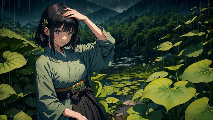 dark rainy evening, {{Hold a large butterbur leaf above your head}}, masterpiece, Best Quality,  Extremely detailed,  girl,  black haired,   Japanese countryside ,　emo,