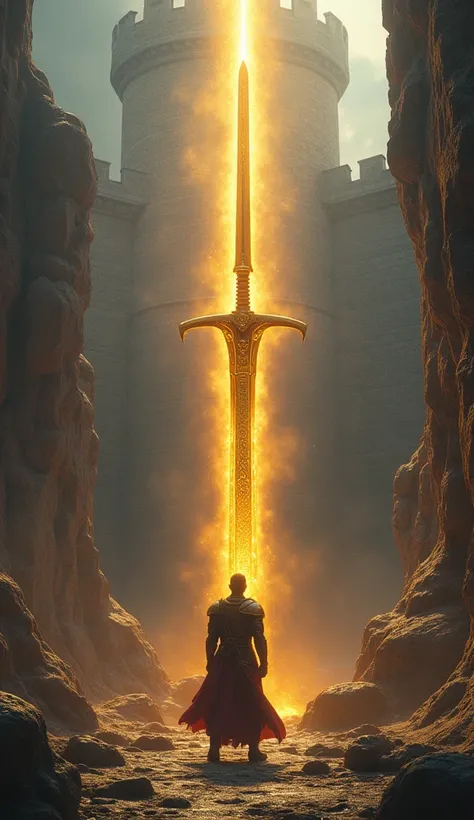 a golden longsword, shiny metal, castle, rocks, cinematic lighting, dramatic composition, detailed environment, fantasy art, epic scene, heroic pose, high contrast, vibrant color palette, volumetric lighting, photorealistic, 8k, best quality, masterpiece