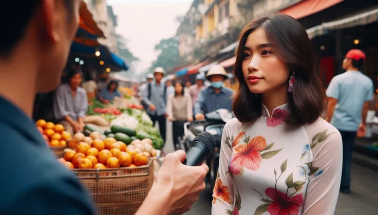 araffe woman in a floral dress holding a camera in front of a man, nostalgic 8k, vietnamese woman, leica 8k still from an a24 film, in style of lam manh, ao dai, a young asian woman, an asian woman, fashion shoot 8k, commercial shot, chinese woman, atey gh...