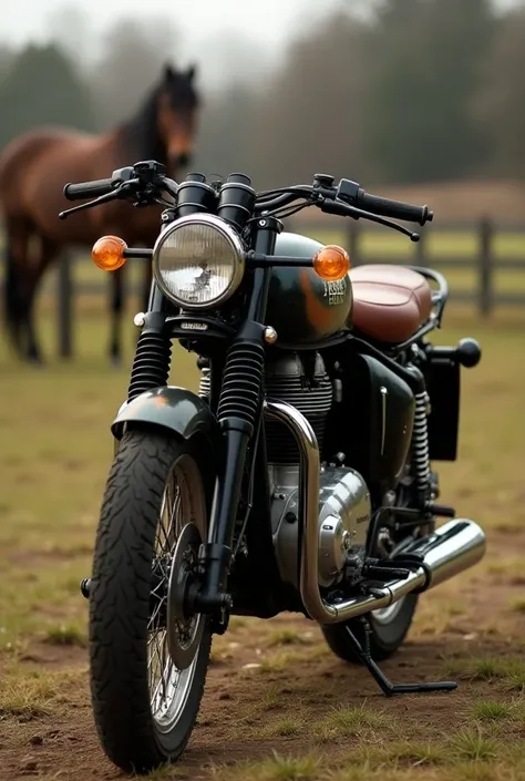 Royal Enfield standard bullet 350 modified and a horse in background 
