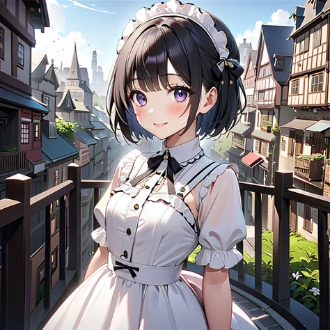 ((32K)), ((Best Quality)), (( ultra high resolution )), (( Hi-Res)), ((超 Hi-Res)), (( very detailed CG)), ((unity 32K wallpaper)), (masterpiece, Best Quality),( 1 girl)、 beautiful dark eyes 、Short black hair,smile、blush、Small breasts、lolita fashion、arms be...