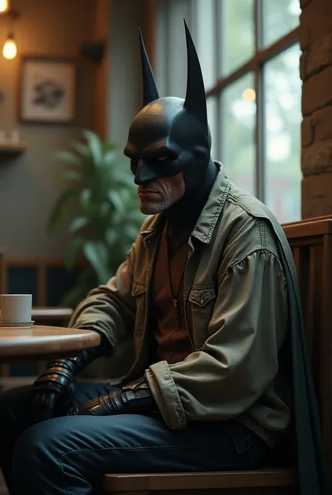 (photorealism:1.2),old batman looks tired  ,  loose shirt, shabby,  and the shirt is crumpled and there are torn seams. Sitting alone in a quiet cafe 