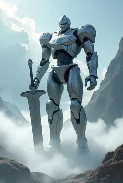  In the low angle A giant metallic roboto and very brilliant with a giant sword he walks on a bed of clouds, We can also see the mountains protrude very realistic  