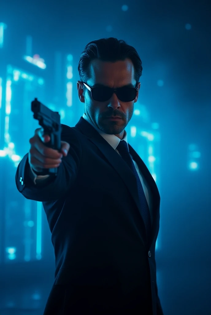 A Business Man and Black Shoot and Sunglasses and Hair Black and background Blue  colors In Electric Display or Forex Trading and Full Body Frame and Man Hand Gun