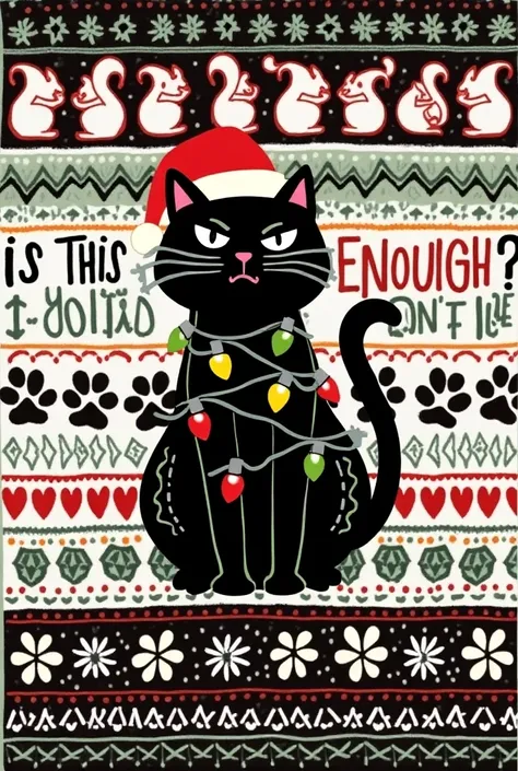 The image shows a festive Christmas sweater design with a whimsical, slightly grumpy black cat as the central character. The cat is sitting upright, wearing a red Santa hat tilted to one side, with a slightly annoyed expression on its face. It is wrapped i...