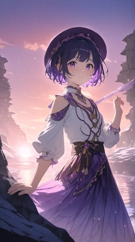 1 girl, ( cute face),  short hair, hat, to many hairstyle,  Fantasy World Outfits ,  Velvet Flare Skirts,  small breasts, Delicate skin, break, Twilight, (Cold Light:1.2),  Dreamy Atmosphere , Fantastic Shadows , break, Underground cave, Shining Stone、Flow...