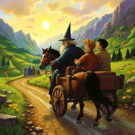 mrygp, Gandalf and Frodo ride together in a small wooden cart, trundling down a winding dirt road surrounded by lush green hills and distant mountains. Gandalf holds the reins, guiding the gentle horse as he chats with Frodo, who sits beside him, looking b...