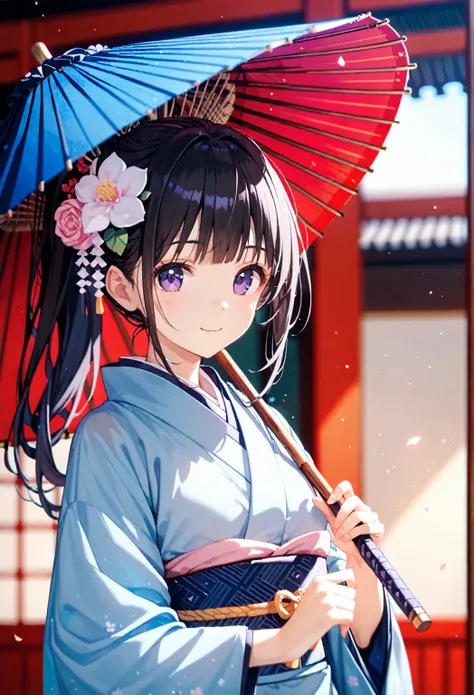 a picture of a asian woman holding an umbrella while indoors and dressed in kimono, 1girl, solo, chitanda eru, japanese clothes, kimono, umbrella, black hair, long hair, purple eyes, looking at viewer, holding, smile, bangs, holding umbrella, hair ornament...