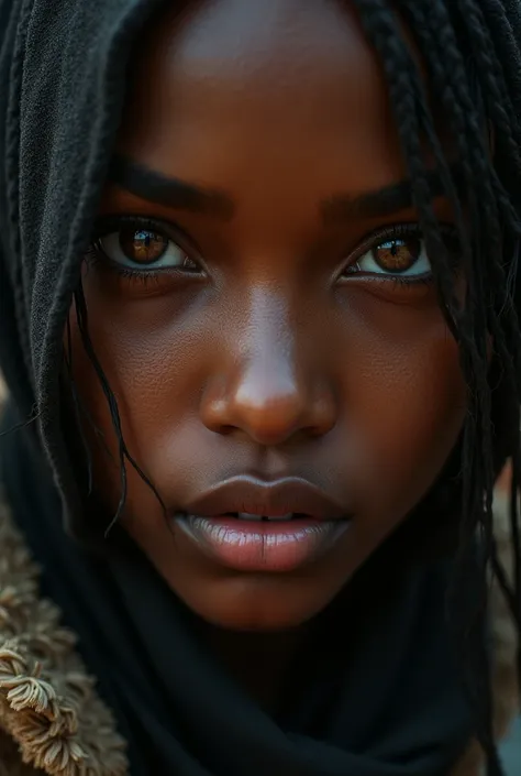 High quality. Beautiful face of a dark-skinned girl. Survival of the post-apocalypse. Without a background