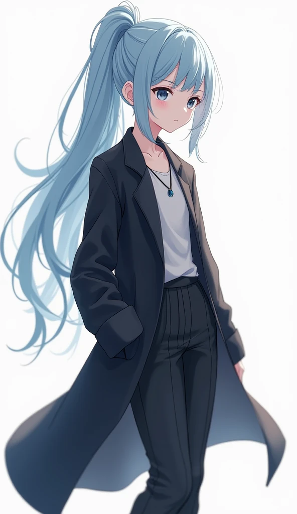 "A young girl with long, light blue hair in a ponytail, wearing a black long coat and a necklace. Anime-style illustration, highest quality, high resolution. Ensure her feet are within the frame. 4k, 8k, high-res, masterpiece, ultra-detailed."
