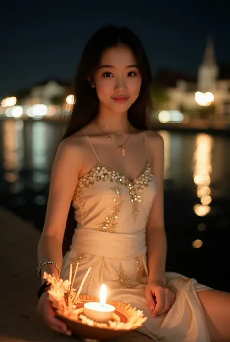 Wide-angle photo, full-body photo of an 18-year-old Thai girl with a beautiful white face, sharp eyes, medium breasts, delicate face like a popular idol, wearing a ivory white Thai dress embroidered with gold sequins, a beautiful sash of the same color, we...