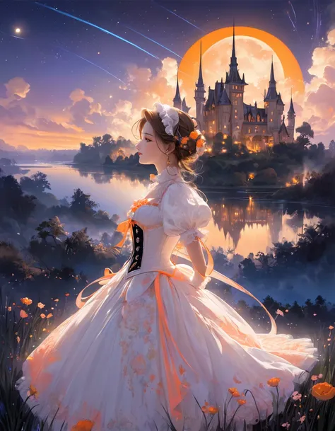  1 girl,flowExquisite illustration of a loyal maid, elaborate corset, profile, Vivid contrasts, gentle touch, precise details, Precision, fluffy clouds and crescent moon, a single shooting star, (orange neon shooting star trail), high Quality oil painting,...