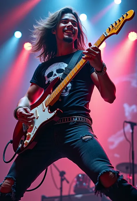 A dramatic painting of a rock musician illustration of a Malay man with long, flowing hair playing a fender stratocaster guitar, high resolution photography, rock concert, blurred background, vibrant colors, dynamic lighting, detailed fingers, strumming gu...