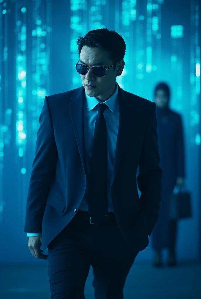 A Business Man and Black Shoot and Sunglasses and Hair Black and background Blue  colors In Electric Display or Forex Trading and Full Body Frame and Man calling running  and Muslim hijabi wife leftside 