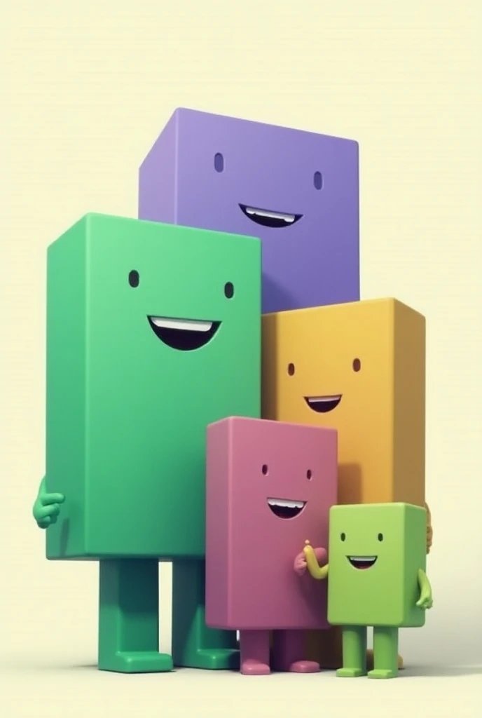 Make a family with a geometric figure 4 members of a square smiling in color only green and purple
