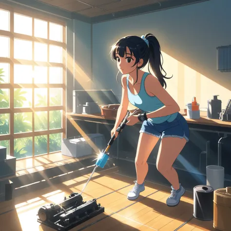 Cher,  ponytails,  tank top,   clothes  , cleaning a ポータル gun at a workbench,  bright morning sunlight shining through the window ( zrpg style ) (masterpiece:1.2) (Illustration:1.2) (Best Quality:1.2) (  Details) (Complex) (8k) ( Hi-Res) ( Movie Lighting) ...