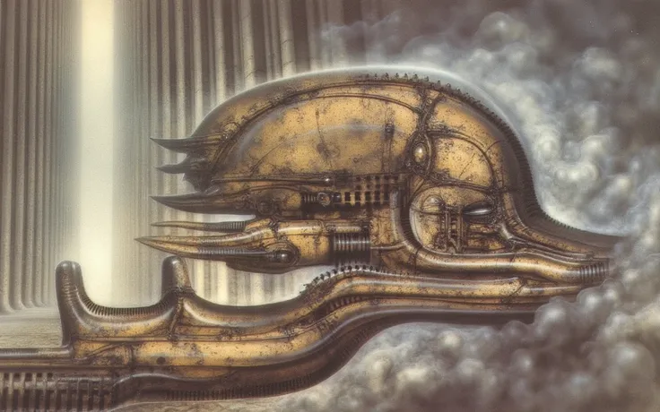 H. R. Gigers g1g3r, , Giger_style, The image is a detailed view of H.R. Gigers " Island Of The Dead " plate, featuring ( b The image depicts a fantastical scene of a castle with a round tower, surrounded by a whirl of dark clouds and a starry nebulous sky ...