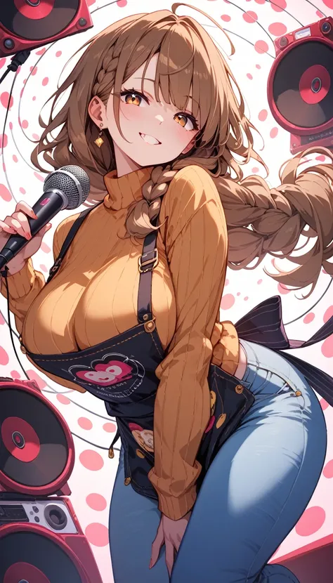  Virtual Idol , Long Braids ,Brown Hair,maternal,Hold the microphone with your right hand,Vertical Sweater,Jeans,cyber apron ,speaker,(( cyber stage background)),Big Breasts,Place your left hand on your cheek, raising one leg ,
