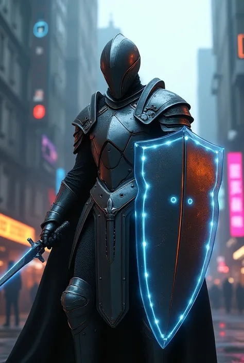 Medieval knight holding large shield，cyberpunk，Holographic projection，Fault art，mechanical aesthetics，neon lights，Laser light，fluorescence，glow effect，liquid metal，Copper plate engraving，Unreal Engine