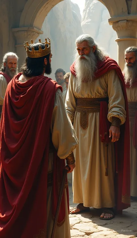 "Prophet Samuel stands tall before King Saul, his expression stern and unyielding. His long, gray beard and piercing eyes convey the gravity of the moment. Dressed in a simple linen robe, Samuel’s presence is commanding, his voice strong as he delivers a m...