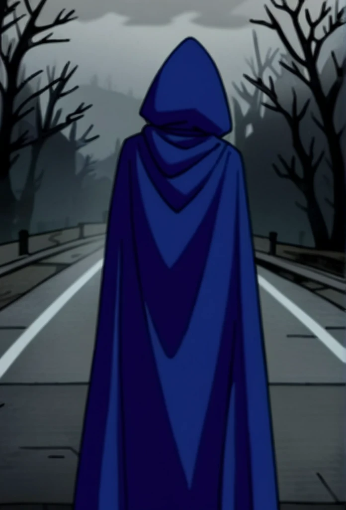 1girl, solo, raven (dc), purple eyes,  purple hair, grey skin, forehead jewel, blue cape covering whole body, long blue cape, cape reaches the ground, standing, night, fog, forest, city, hood covered head, from behind, High Resolution, Best Quality, Master...