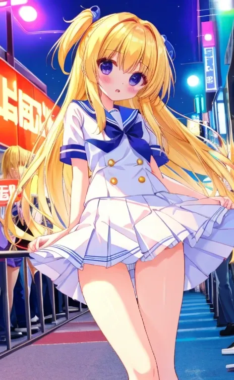  Beautiful Long Blonde 　  girls in sailor suits making love with men 　 Pleated Skirts　 mini skirt　Shyness　whole body　 while being watched over by a crowd 　Walk with your legs apart　 skirt tag　Night City　 neon light