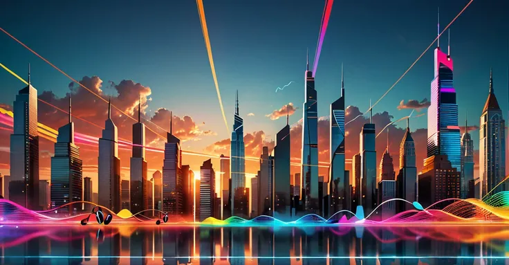 A vibrant urban landscape at sunset, with illuminated skyscrapers and lively streets. In the foreground, floating headphones emit sound waves visualized as colorful lines expanding into the air. These waves gradually fade as they move away from the headpho...